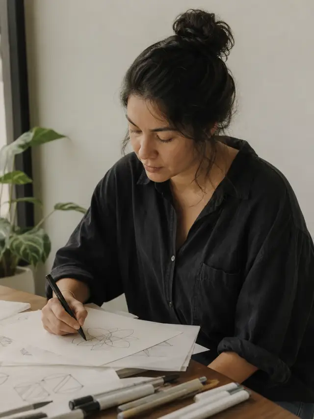 Una diseñadora dibujando a mano las primeras versiones de un símbolo.
