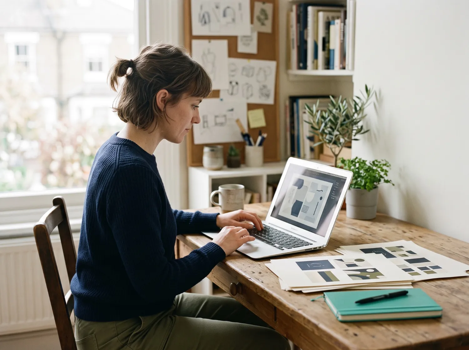 Diseñadora trabajando en su estudio con muestras impresas y su portátil